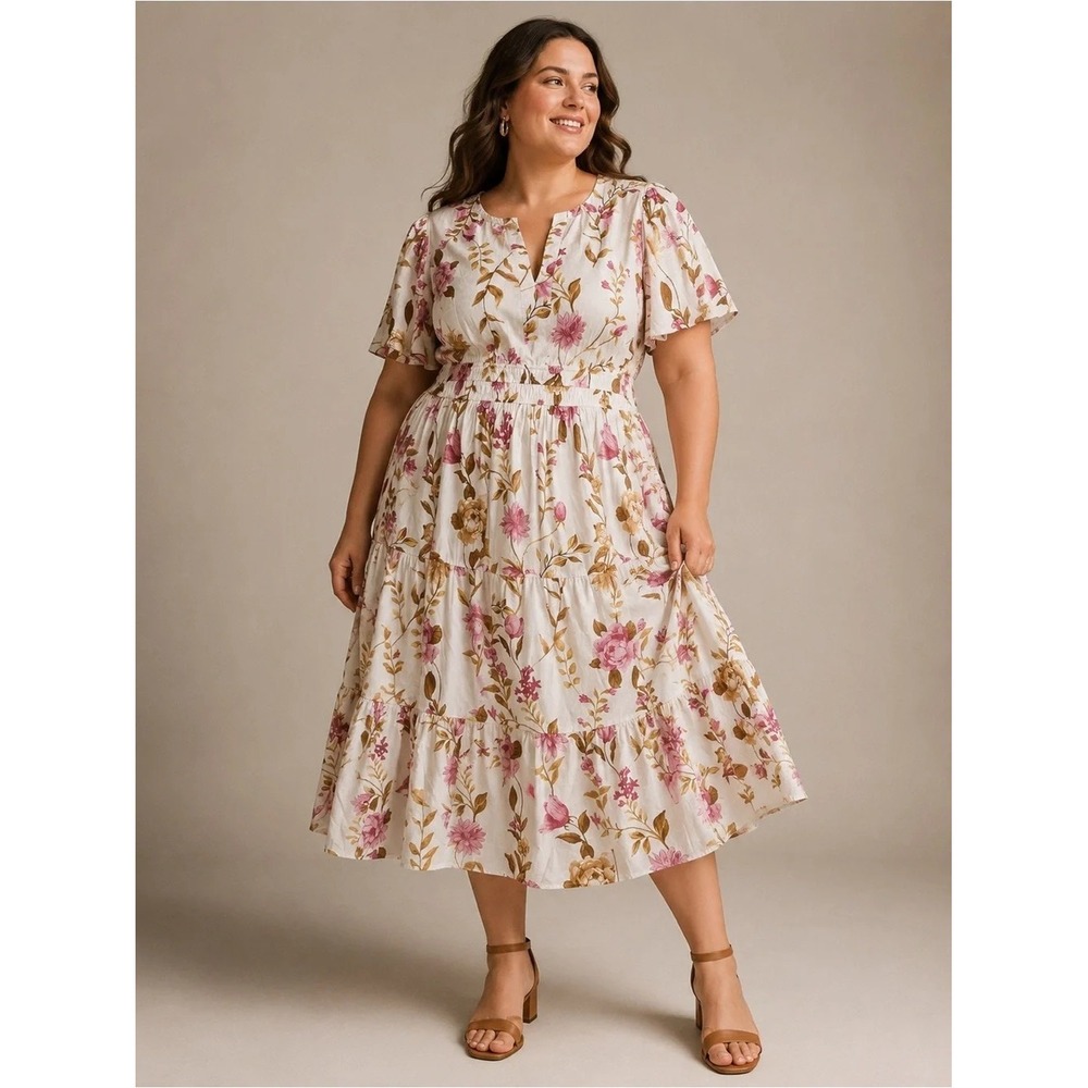 Anthropologie Meadow Rhodes Floral Cotton Midi Dress Pink Smocked Waist 2X